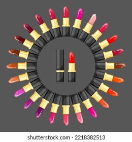 Paleta circular de labios ajustados. Ilustraciones vectoriales de productos de maquillaje. Palos de dibujos animados de diferente color y sombra de pigmento en envases aislados en gris. Cosmética, moda, concepto de belleza