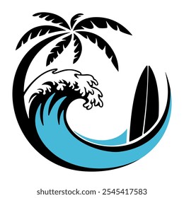 Circle palm tree with beach wave inside Vintage surf design template for surf club.