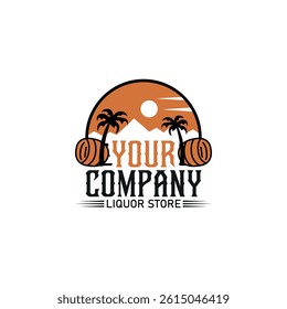 A circle with a palm tree and a mountain in the background with a barrel is in the foreground logo design vector illustration
