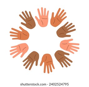 A circle of palms of different skin tones. Concept of racial diversity. Concept of multiracial friendship.