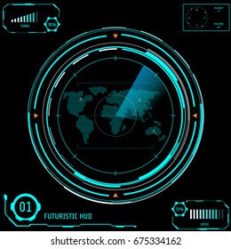 Circle Panel Radar Screen Futuristic Visualization User Interface Vector Background. Dots Map Location With Beam Satellite Navigation Scan.