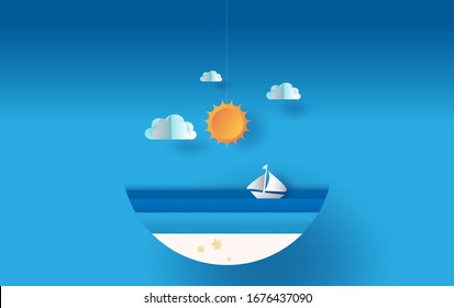 Circle Paper art and craft of illustration summer sea view with sunset,summer time season concept,Boat floating in the sea on blue sky.Graphic design Seaside landscape ,Paper cut style digital idea