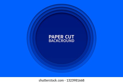 Circle paper cut background. Wavy blue layers. Abstract realistic paper design. Trendy carving art. 3d relief.