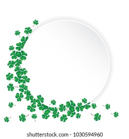 Circle paper cut as copy space decorated with shamrock leaves called green clovers on white background. Background for saint patrick's day. Vector illustration.