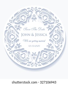Circle paper lace ornament, round ornamental geometric doily pattern with empty space for text. Vector illustration greeting, vintage wedding invitation, save the date wedding. 