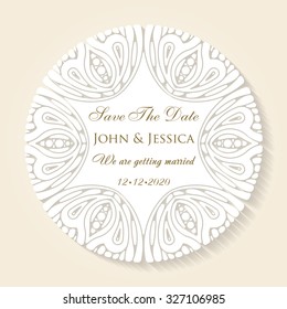 Circle paper lace ornament, round ornamental geometric doily pattern with empty space for text. Vector illustration greeting, vintage wedding invitation, save the date wedding. 