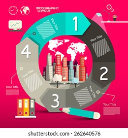 Circle Paper Retro Infographics Vector Template - Layout with City and Icons with World Map