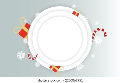 Circle papercut with gift box and candy cane. merry christmas and happy new year template. blank frame background decorated with snowflake. vector illustration of winter