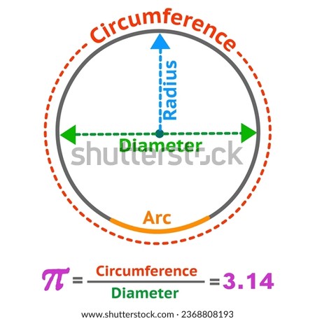 Circle parts. Diameter, Radius, Arc and Center of ring. Pi number 3.14. Formula and infinite letter. School draw. Colored Geometry, mathematics, trigonometry illustration vector