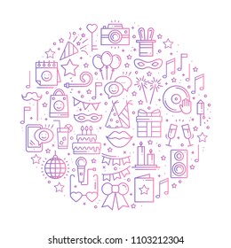 Circle with Party Symbols in Line Style. Basic Birthday Elements Concept Theme. Unique Party Round Print. Holidays event carnival festive. Mask Gifts Cake Cocktail Firework