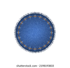 Circle patch of blue jeans denim texture. Realistic sturdy cotton twill fabric of denim jeans label with thread stitches and torn fringes edges. Vector illustration