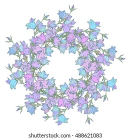 Circle pattern with bellflowers. Round kaleidoscope of flowers and floral elements. Wreath. Design card.