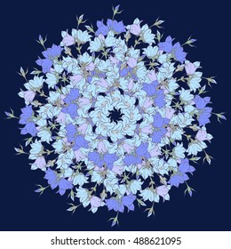 Circle pattern with bellflowers. Round kaleidoscope of flowers and floral elements. Wreath. Design card.