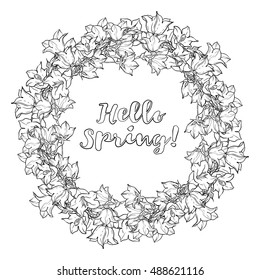 Circle pattern with bellflowers. Round kaleidoscope of flowers and floral elements. Wreath. Design card.