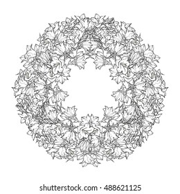 Circle pattern with bellflowers. Round kaleidoscope of flowers and floral elements. Wreath. Design card.