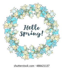Circle pattern with bellflowers. Round kaleidoscope of flowers and floral elements. Wreath. Design card.