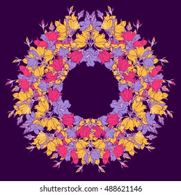 Circle pattern with bellflowers. Round kaleidoscope of flowers and floral elements. Wreath. Design card.