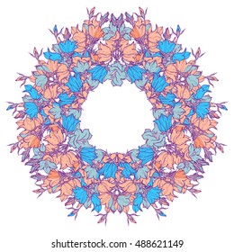 Circle pattern with bellflowers. Round kaleidoscope of flowers and floral elements. Wreath. Design card.