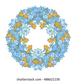 Circle pattern with bellflowers. Round kaleidoscope of flowers and floral elements. Wreath. Design card.