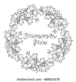 Circle pattern with bellflowers. Round kaleidoscope of flowers and floral elements. Wreath. Design card. Watercolor background