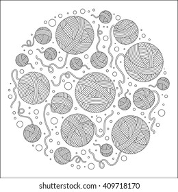 Circle pattern for coloring book. Hand-drawn decorative elements in vector. Black and white pattern. Vector illustration outline drawing yarn balls.  Zentangle.