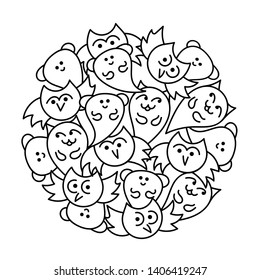 Circle pattern with cute owls, cats, bears for coloring book. Vector illustration.