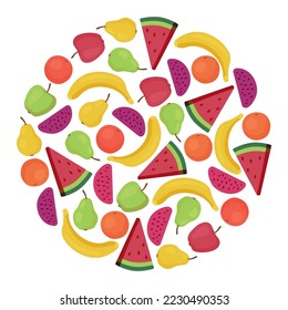 Circle pattern with different fruits vector illustration. Bananas, pears, oranges, apples, slices of watermelon isolated on white background. Food, healthy eating, nutrition, diet concept
