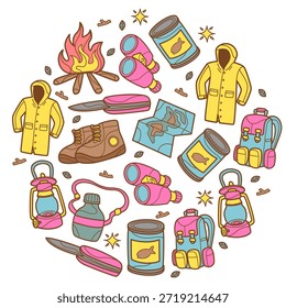Patrón de círculo con doodle colorido tema del equipo de camping