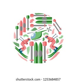 Circle pattern with flat illustrations of helicopter, skier and skis for heliskiing. EPS 10