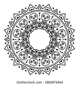 Circle pattern frame of swirling lines, vegetation, hearts. Print for the cover of the book, postcards, t-shirts. Illustration for rugs.