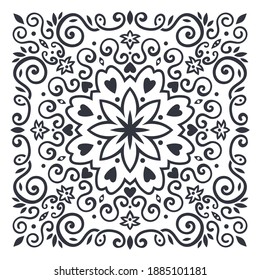 Circle pattern frame of swirling lines, vegetation, hearts. Print for the cover of the book, postcards, t-shirts. Illustration for rugs.