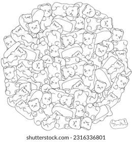 Circle Pattern with gummy bears.  Adult coloring book page with shiny jelly bears. Black and white vector illustration.