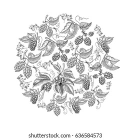 Circle pattern hop foliated doodle with repeating beautiful berries on white background hand drawing vector illustration