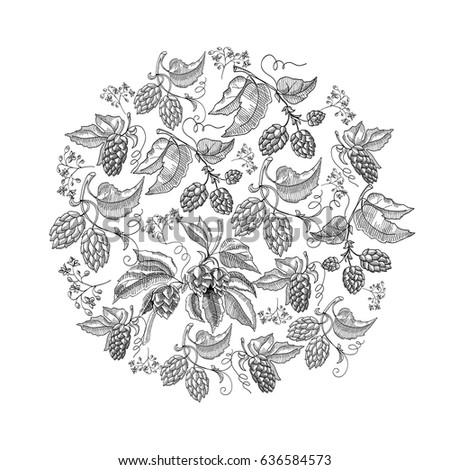 Circle pattern hop foliated doodle with repeating beautiful berries on white background hand drawing vector illustration