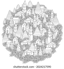 Circle pattern with houses and Christmas trees and spruce branches. Magic City mandala. Street background. Pattern for coloring book.  Zentangle. Black and white pattern in vector.