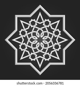 Circle pattern with interlaced 3D stripes, stars and stylized floral elements on dark background. Geometric Mandala with stars and intersecting stripes. Vector design in Arabic style.