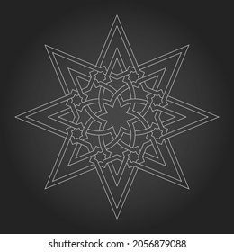 Circle pattern with interlaced lines stars and stylized floral elements on black background. Geometric Mandala with stars and intersecting stripes. Vector design in Arabic style.