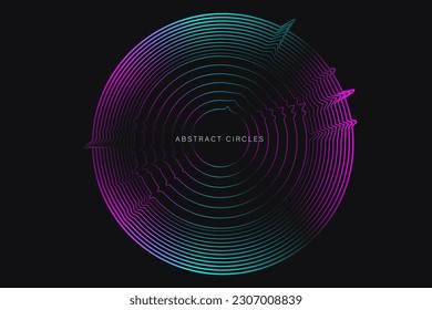 Circle Pattern Lines Vibration with Neon Color. 3D Abstract Сosmic Circle Echo on the Black Background. Vector Illustration in Futuristic Style for Banner, Poster, Postcard or Brochure.