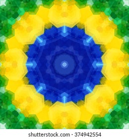 Circle pattern made of hexagonal shapes. Mosaic tile background in Brazil flag colors. Vector illustration.