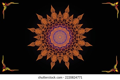 Circle Pattern Mandala Art Isolated On A Dark Background, Indian Style  Mandala Art, Decoration Elements For Meditation Poster, Tattoo Art Or Henna 