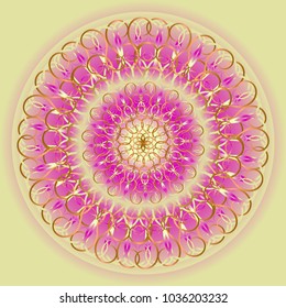 Circle pattern, mandala, yellow, pink, gold color twisted patterns as border decor, decoration. Vector illustration.