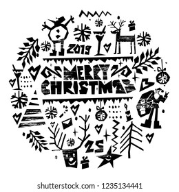 Circle pattern with merry christmas elements and lettering. 
Texture for season winter design. For Christmas poster.