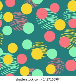 Circle pattern on green background. Seamless pattern tile. Simple design background. Geometric decorative texture. Coral, yellow, blue color. Flat vector illustration.