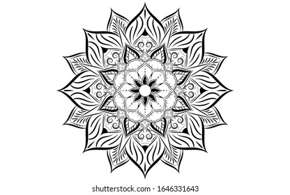 Circle pattern petal flower of mandala with black and white,Vector floral mandala relaxation patterns unique design with white background,Hand drawn pattern,concept meditation and relax 