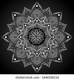 Flor de pétalos en forma de círculo de mandala con diseño vintage,Diseño único en forma de mandala floral vectorial con fondo amarillo antiguo,Patrón dibujado a mano