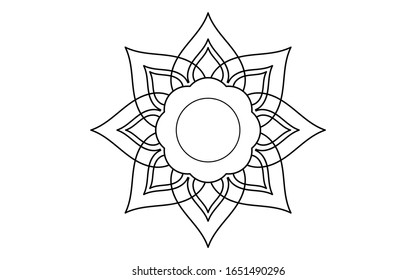 Flor pétala de Mandala con forma circular en blanco y negro,Patrones de relajación de Mandala floral vectorial con un diseño único con fondo blanco, Patrón dibujado a mano, meditación conceptual y relajación 