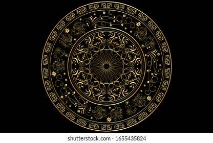 Circle pattern petal flower of mandala with gold color,Vector floral mandala patterns unique design with black background,Hand drawn pattern