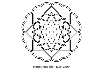 Flor pétala de Mandala con forma circular en blanco y negro,Patrones de relajación de Mandala floral vectorial con un diseño único con fondo blanco, Patrón dibujado a mano, meditación conceptual y relajación 