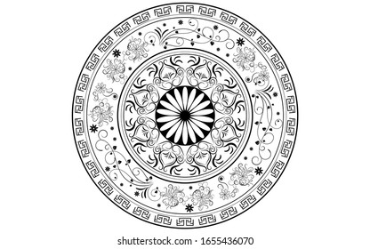Flor pétala de Mandala con forma circular en blanco y negro,Patrones de relajación de Mandala floral vectorial con un diseño único con fondo blanco, Patrón dibujado a mano, meditación conceptual y relajación 