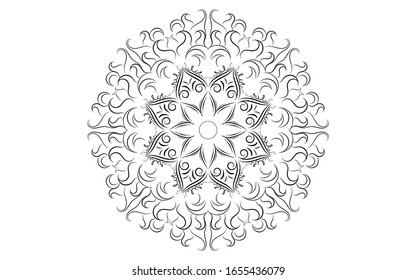 Flor pétala de Mandala con forma circular en blanco y negro,Patrones de relajación de Mandala floral vectorial con un diseño único con fondo blanco, Patrón dibujado a mano, meditación conceptual y relajación 
